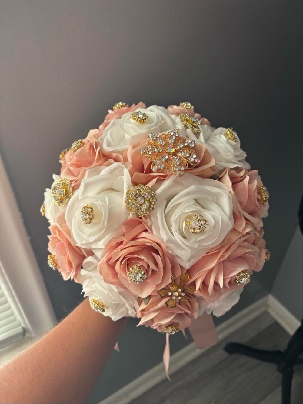 Elegant Blush Pink & White Rose Brooch Bouquet with Gold Accents
